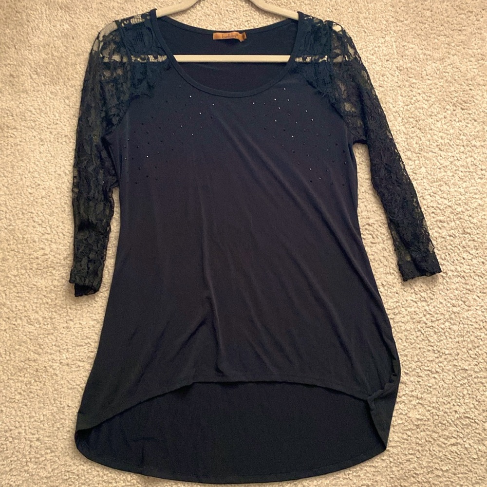 Black stretch top with lace sleeves and small black beads high low style New